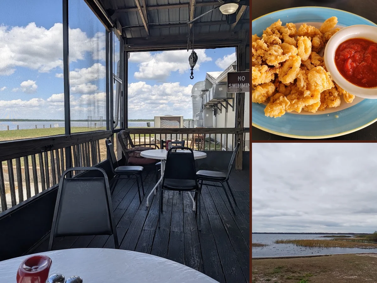 Outdoor dining beside the water.