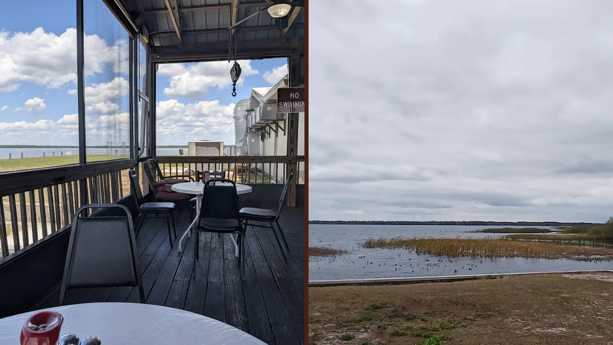Casual waterfront restaurant seating.